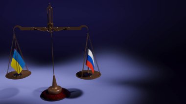 Ukrayna ve Rusya Federasyonu bayrakları mavi arka plandaki denge pullarının kaselerinde. 3d oluşturma