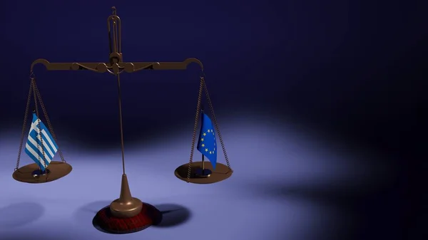 Yunanistan ve Avrupa Birliği bayrakları mavi arka plandaki denge pullarının kaselerinde. 3d oluşturma