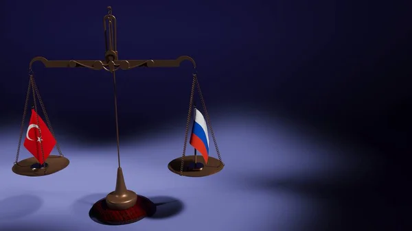 バランスの鉢の上のトルコとロシア連邦の旗は 青い背景で拡大します 3Dレンダリング — ストック写真