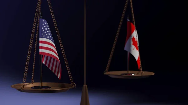 Флаги Соединенных Штатов Америки Канады Чашах Весов Баланса Синем Фоне — стоковое фото
