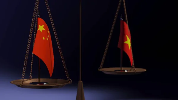 Çin ve Vietnam 'ın bayrakları mavi arka planda denge terazisinin kaselerinde. 3d oluşturma