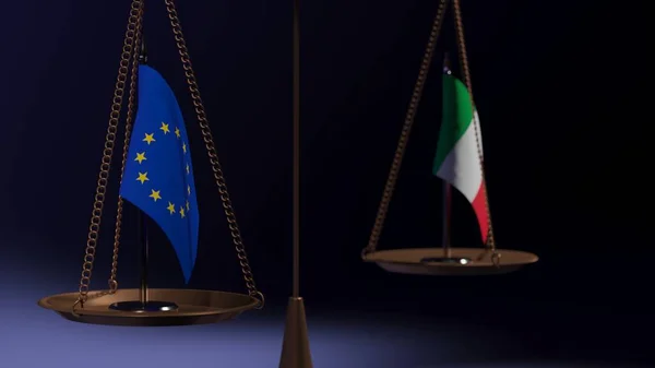 Bandeiras Itália União Europeia Nas Taças Das Balanças Balanço Sobre — Fotografia de Stock