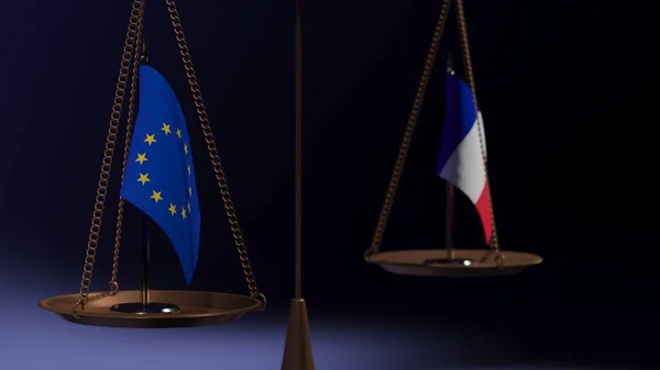 Bandeiras União Europeia França Nas Taças Das Balanças Fundo Azul — Fotografia de Stock