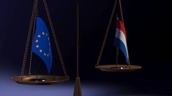 Avrupa Birliği ve Hollanda 'nın bayrakları mavi arka plandaki denge pullarının kaselerinde. 3d oluşturma