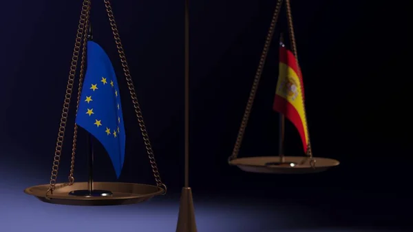 Bandeiras União Europeia Espanha Nas Taças Das Balanças Fundo Azul — Fotografia de Stock