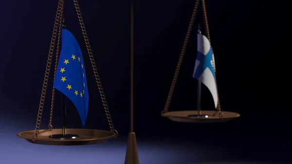 Bandeiras União Europeia Finlândia Nas Taças Das Balanças Fundo Azul — Fotografia de Stock