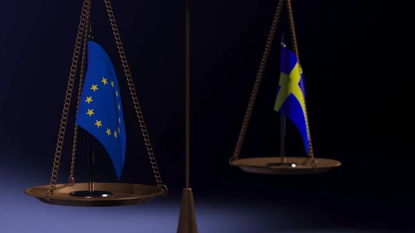 Bandeiras União Europeia Suécia Nas Taças Das Balanças Fundo Azul — Fotografia de Stock