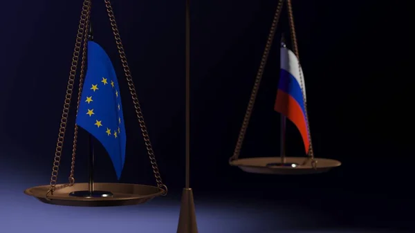 Bandeiras União Europeia Federação Russa Nas Taças Das Balanças Fundo — Fotografia de Stock