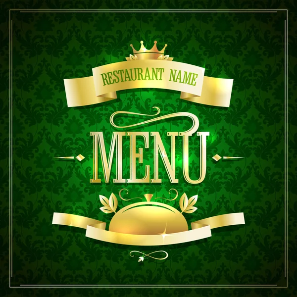 Verde escuro com design de menu de restaurante de ouro com fitas contra o pano de fundo verde escuro chique — Vetor de Stock