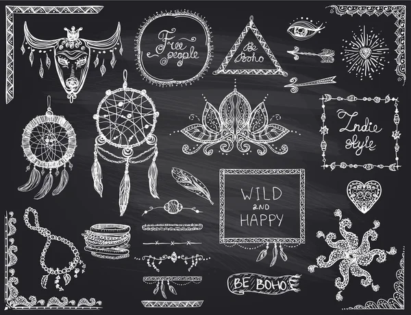 Chalkboard hand drawn sketch elements set in boho style, hippie, indie style, dream catcher, necklace and bracelets, frames Royalty Free Stock Vectors