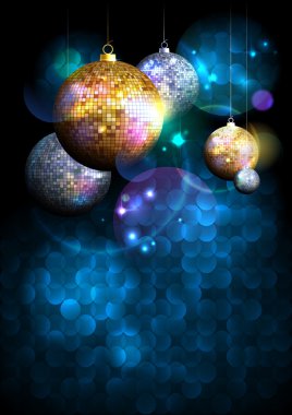 Noel disco topları arka plan kopya alanı için metin, parti kavramı, davetiye ile