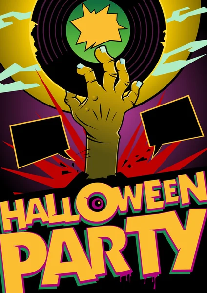 Halloween party design mock up with zombie hand holding vinyl, comic style poster concept, empty speech bubbles — Stock vektor