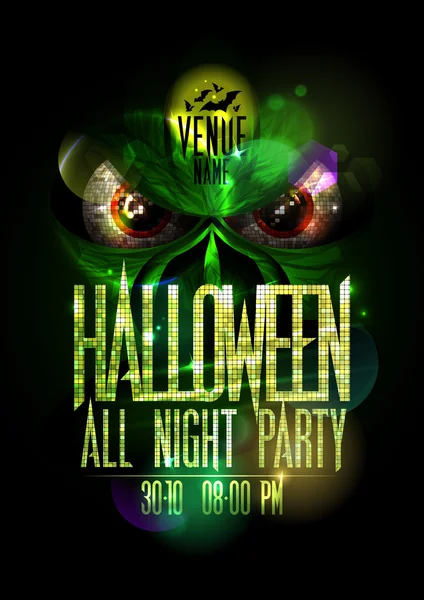 Halloween all night party poster with green evil beast and red eyes, golden mosaic headline and copy space for text — ストックベクタ