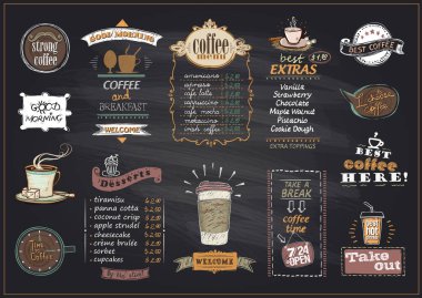 Kara tahta kahve ve tatlılar menü tasarımları kafe ya da Restoran için ayarlanan listesi