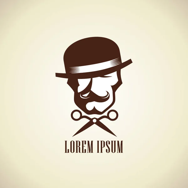 Barbeiro conceito logotipo com tesoura e hipster homem vestido de chapéu com um bigode — Vetor de Stock