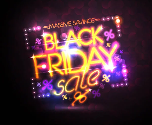 Vente vendredi noir néon affiche, vacances énorme épargne design — Image vectorielle