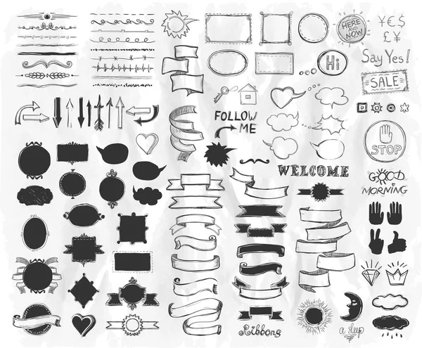 Elementos dibujados a mano en un papel, ilustración vectorial, elementos de línea gráfica doodle, cintas de estilo vintage, marcos, divisores, pinceles, siluetas y frases — Vector de stock