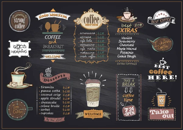 Svarta tavlan kaffe och desserter-menyn lista mönster för café eller restaurang — Stock vektor