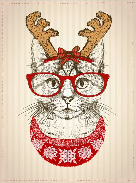 Cartel gráfico vintage con gato hipster con gafas rojas, vestido con sombrero cuernos de ciervo y suéter de punto rojo — Archivo Imágenes Vectoriales