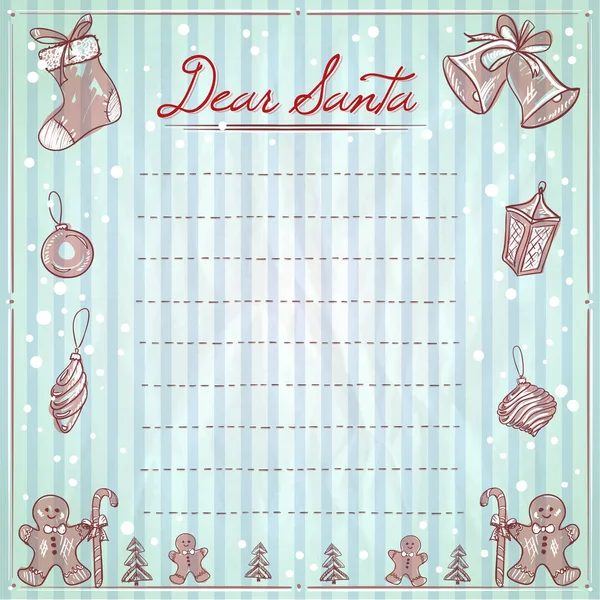 Estimado Santa Navidad ilustración con espacio vacío para el texto, lista de deseos, elementos de Navidad y marco — Vector de stock