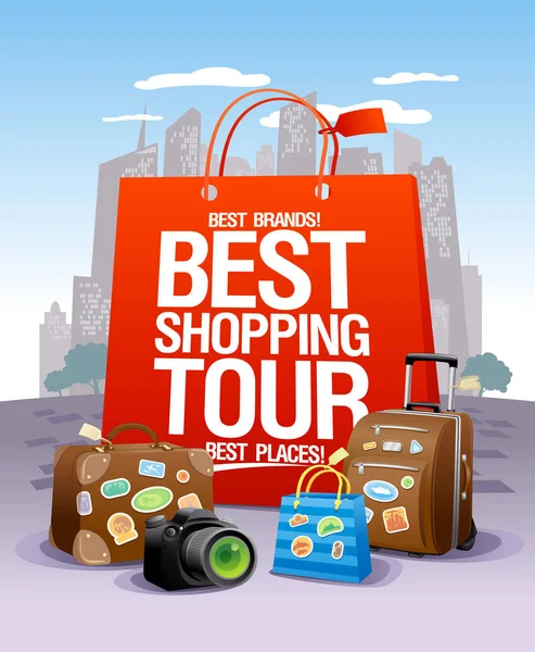 Best shopping tour design concept, big red paper bag, suitcases and camera, city skyscrapers on a backdrop, — Stock Vector
