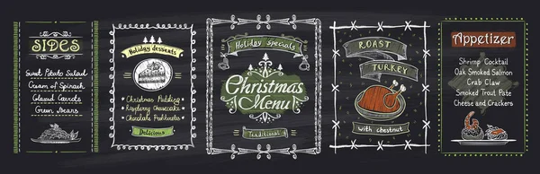 Menu de Noël craie dessins tableau noir ensemble. Illustration vectorielle dessinée main avec menu vacances — Image vectorielle