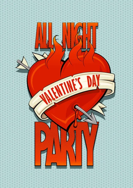 День святого Валентина дизайн-концепция вечеринки, старомодный стиль горящего сердца — стоковый вектор
