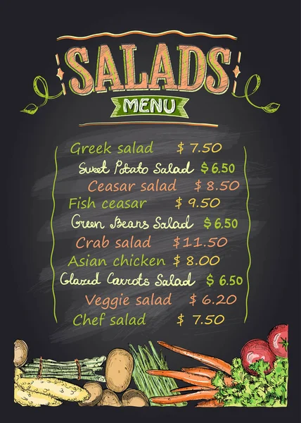 Salads menu list chalkboard design with vegetables Royalty Free Stock Illustrations