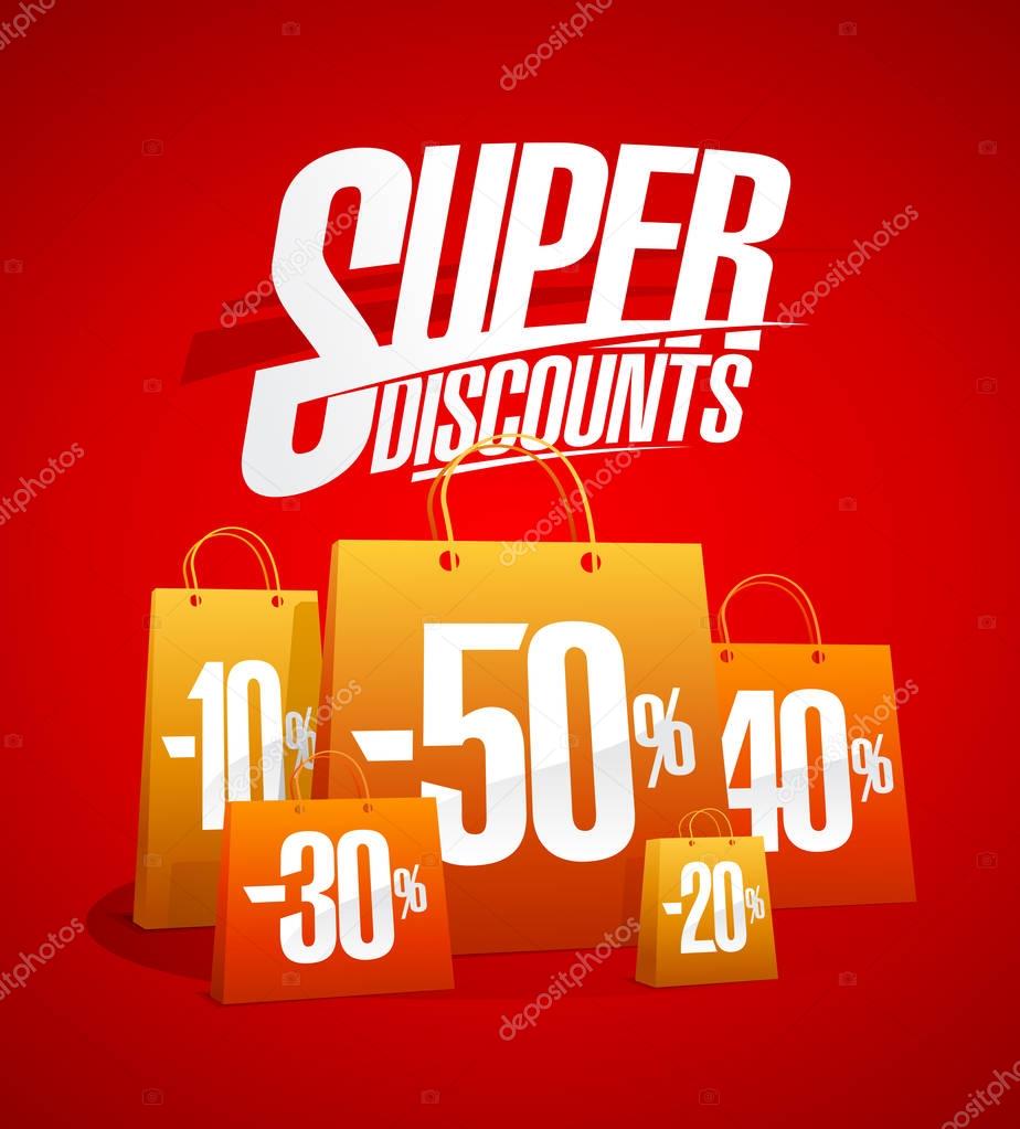 Super discounts sale poster with shopping bags, clearance coupon design