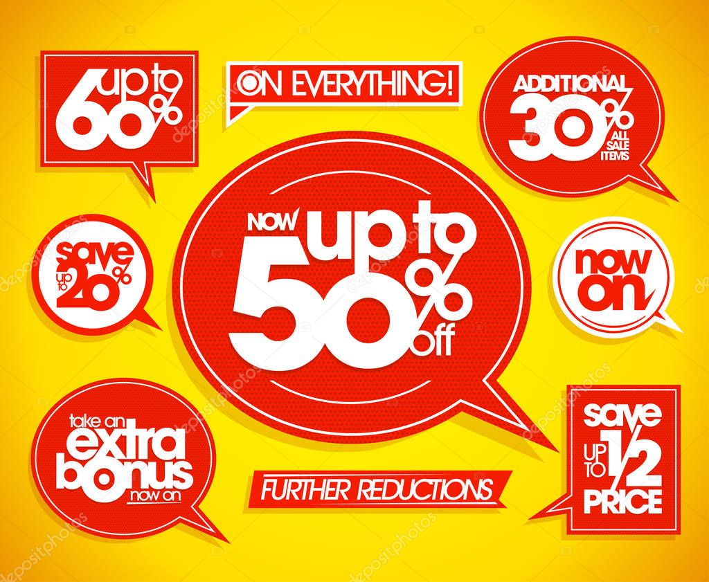 Sale signs, bonus and save coupons in form of speech bubbles