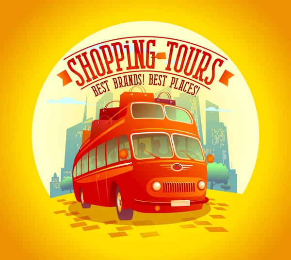 最好的购物之旅设计与骑辆双层巴士和许多纸袋上，夕阳城市背景 — 图库矢量图片