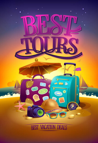 Best tours poster with big suitcases, hat, sunglasses, , compass and camera, against summer sunset beach  backdrop
