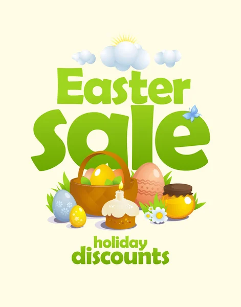 Design de vetor de venda de Páscoa com cesta e ovos coloridos, pastelaria, mel e flores —  Vetores de Stock