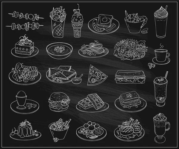 Ilustración gráfica de línea dibujada a mano de alimentos variados, postres y bebidas, conjunto de símbolos vectoriales — Vector de stock