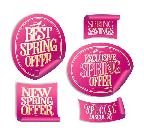 Nieuw, beste, exclusieve voorjaar aanbieding stickers instellen, spring besparingen — Stockvector