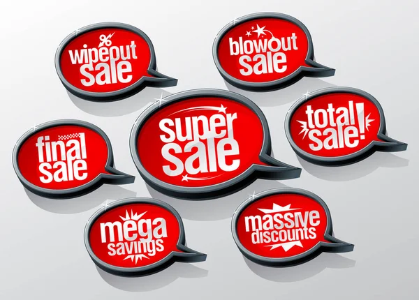 Super sale speech bubbles set, mega savings, massive discounts — Stock Vector