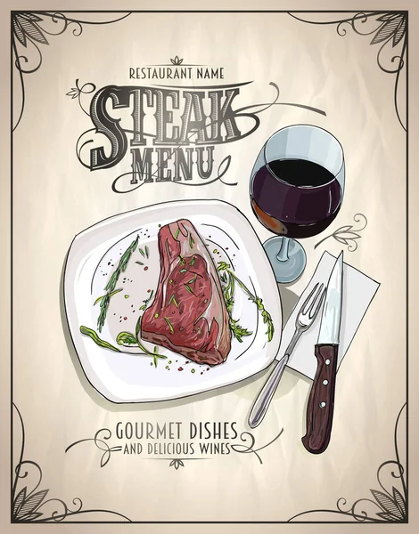 Steak menu design concept s grafické znázornění filet mignon steak na talíři — Stockový vektor