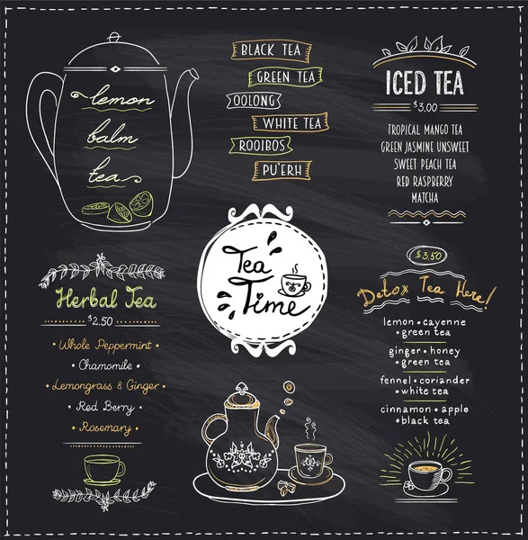 Tablette thé temps menu liste dessins réglés pour café ou restaurant — Image vectorielle