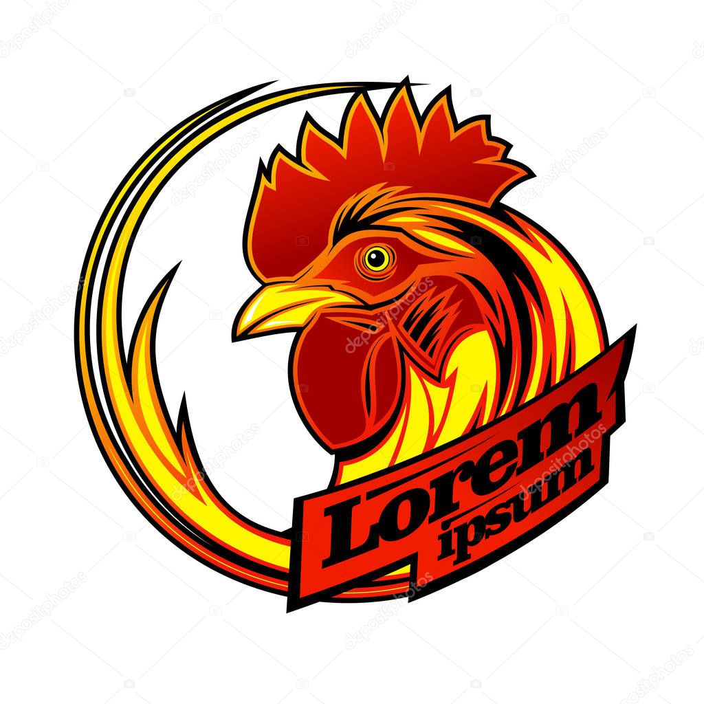 Logo sign concept with rooster profile head, copy space for text on a ribbons