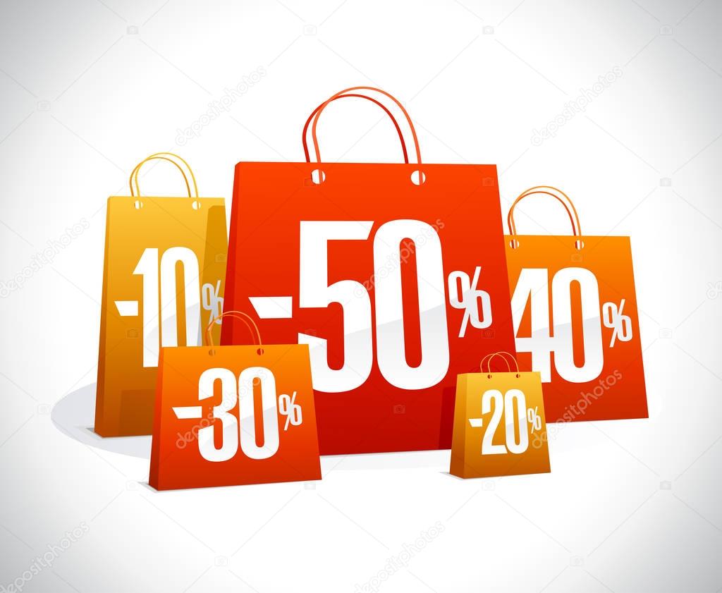 Sale poster, many paper shopping bags with percents