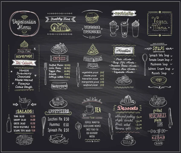 Vejetaryen ve vegan gıda kara tahta tasarım kümesi, elle çizilmiş çizgi grafik illüstrasyon — Stok Vektör