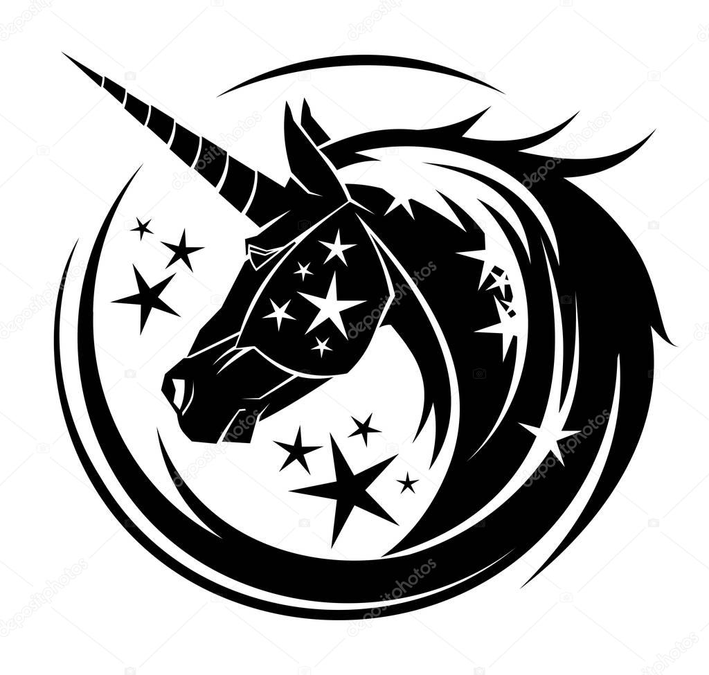 Unicorn head circle tattoo illustration with stars
