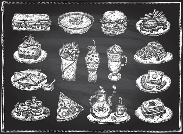 Ilustración gráfica tiza de alimentos variados, postres y bebidas, conjunto de símbolos vectoriales dibujados a mano — Vector de stock