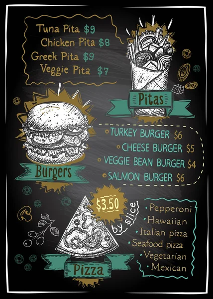 Tebeşir menü listesi yazı tahtası tasarımı pizza, hamburger ve pide, el çizilmiş grafik illüstrasyon — Stok Vektör