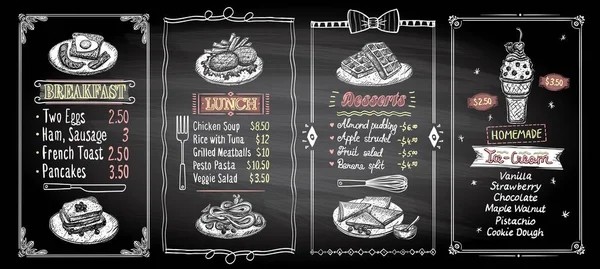 Reggeli, ebéd, desszertek és fagylalt Palatábla menü formatervezési minták beállítása, kézzel rajzolt grafikus ábrája — Stock Vector