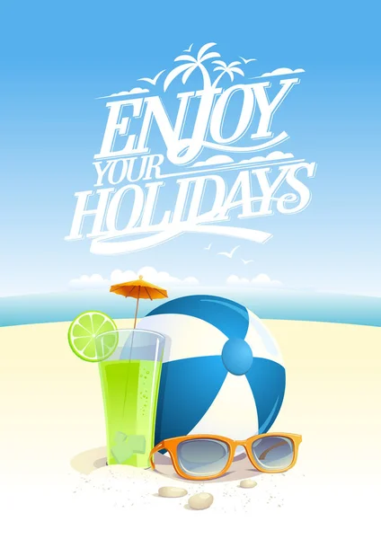 Cieszyć się twój wakacje wektor cytat z plaży tło kart — Wektor stockowy