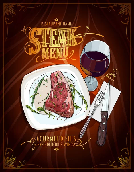 Plakatentwurf für Steak-Menüs, handgezeichnete grafische Illustration eines Mignon-Filetsteaks und ein Glas Wein — Stockvektor