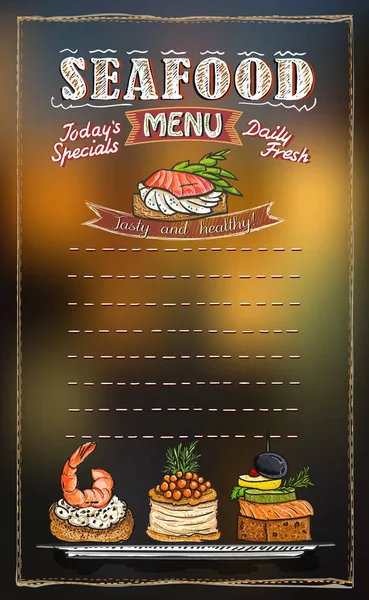 Seafood menu list with copy space for text, assorted fish canapes — Stock Vector