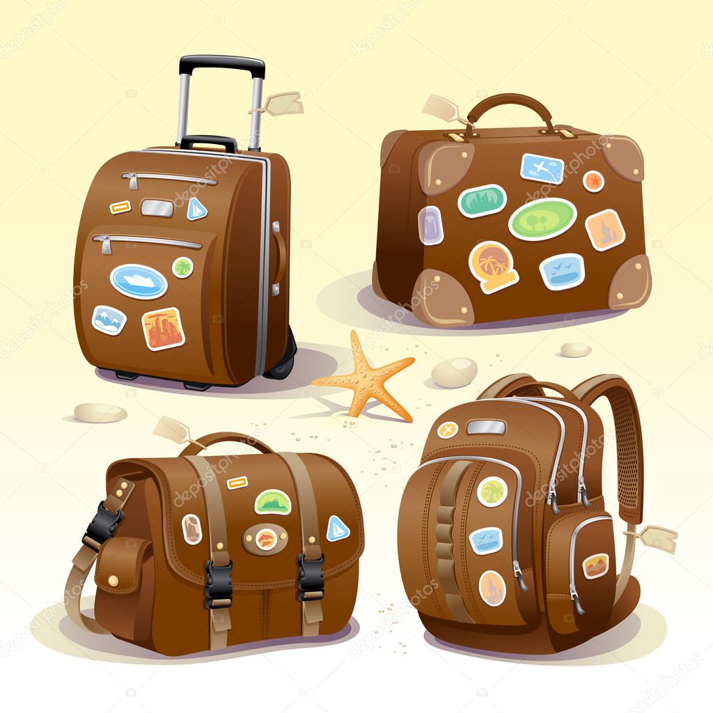 Traveling symbols of suitcase, bag, briefcase and backpack