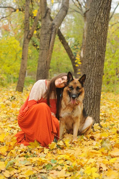 Jovem feliz com seu cão pastor alemão no parque de outono — Fotografia de Stock